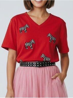 vintage béchamel 100% cotton red Vneck Tshirt embroidered Zebras Dopamine whimsy